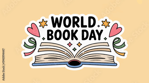 World book day sticker with open book hearts and stars on beige background celebrating reading and literature