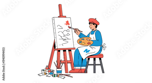 Artist diligently painting landscape on easel with vibrant palette and tools, conveying creative expression and passion for art