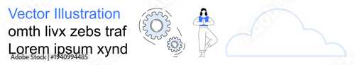 Cloud computing, automation, digital innovation, team collaboration, process management, data technology. Person standing with gear icons near a cloud. Cloud computing and automation concept