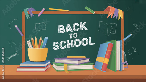 Back to school supplies on desk with chalkboard books pencils and colorful educational tools for learning