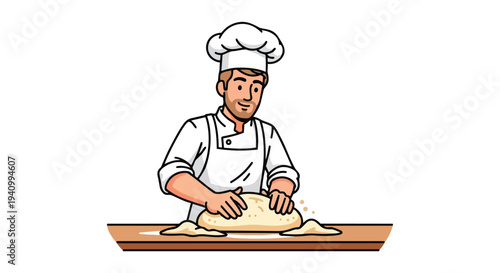 A cheerful chef in a tall toque is expertly kneading a mound of dough on a wooden surface, creating delicious baked goods