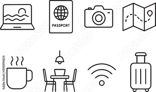 Line art icons depicting travel elements laptop passport camera map and more high quality professional detailed