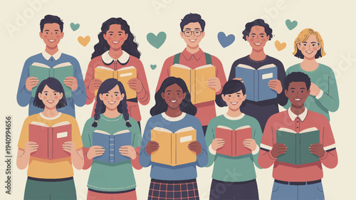 Diverse group of people reading books together with hearts symbolizing love for literature and learning