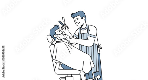 Artistic depiction of a barber expertly shaving a client with a straight razor, showcasing grooming precision and vintage style