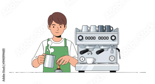 Barista crafting artisanal coffee beverages with steaming milk jug and professional espresso machine illustration