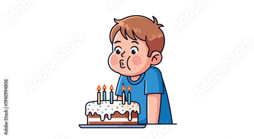 Joyful young boy enthusiastically blowing out candles on a colorful birthday cake, celebrating a special occasion with delight and anticipation