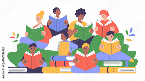 Diverse group of people reading books together in a relaxed outdoor setting with colorful background