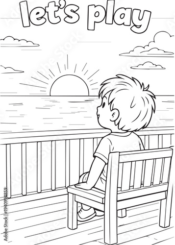 coloring book page boy sitting on a bench watching the sunset from the balcony