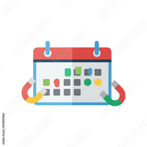 Colorful calendar with magnets attracting tasks, organization concept