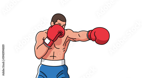 Dynamic vector illustration of a determined male boxer in red gloves throwing a punch against a white background, showcasing athletic prowess and