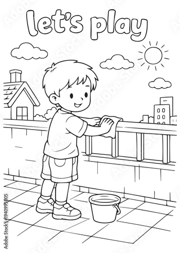 coloring book page boy standing at the railing looking across the city view