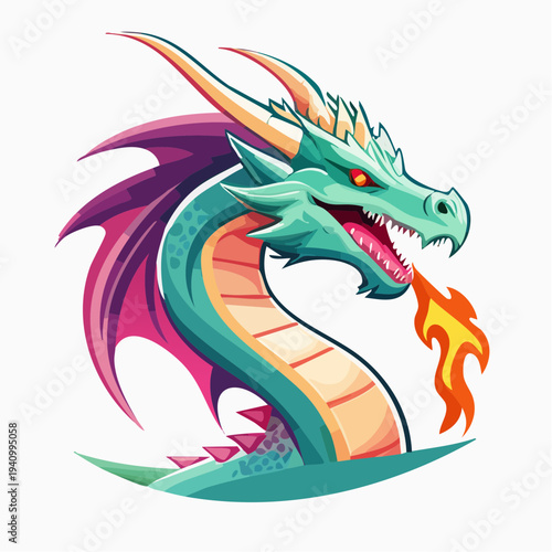 Green Dragon Breathing Fire with Open Mouth.