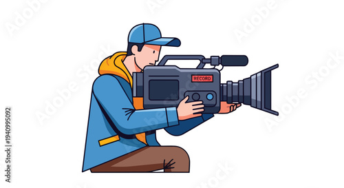 A Cartoon Cameraperson Holding a Professional Video Recorder, Ready to Film Engaging Content for Various Projects