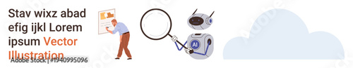 Data analysis, artificial intelligence, cloud storage, automation, digital security, technology innovation. Robots examining data with a magnifying glass near a poster. Data analysis and cloud