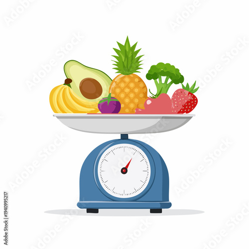 Blue Kitchen Scale with Fresh Fruits.