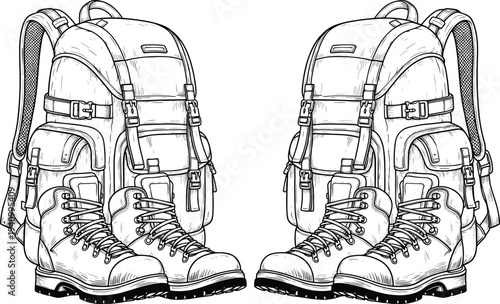 Detailed hiking gear illustration, backpack with straps, sturdy boots, trekking equipment drawing, outdoor adventure supplies, camping essentials, travel gear sketch