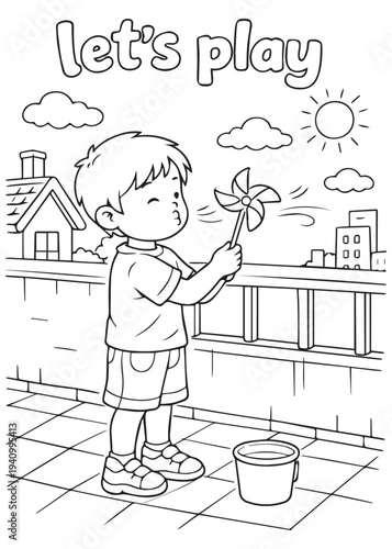 coloring book page boy making a pinwheel and playing with it on the balcony