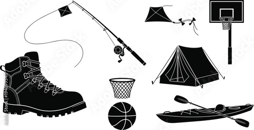 Outdoor adventure silhouettes, hiking boot, fishing rod, kite flying, basketball hoop, camping tent, kayaking paddles, sports recreation icons collection