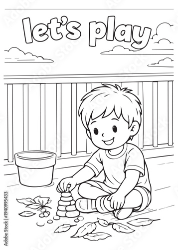 coloring book page boy playing with leaves and natural materials on the floor