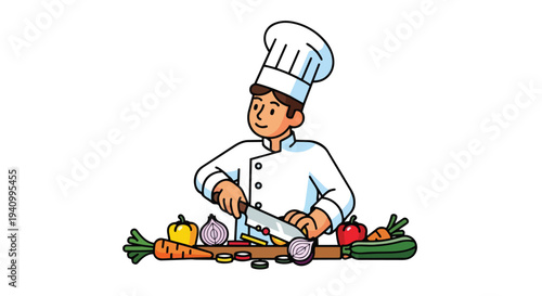 Delightful cartoon chef in crisp white uniform meticulously chopping vibrant fresh vegetables on a rustic wooden board for culinary creation
