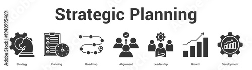 Strategic Planning web banner icon set vector illustration concept for business with icon of Strategy, Planning, Roadmap, Alignment, Leadersh.