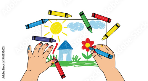 Child's imaginative artistic creation with colorful crayons, depicting a sunny day with a house and flower