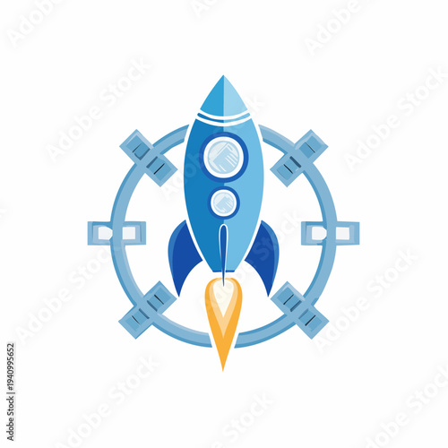 Blue Rocket Ship Launching into Space.