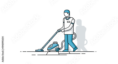 Modern Minimalist Illustration of a Professional Cleaner Operating a Vacuum Cleaner with a Stylized Shadow on a White Background