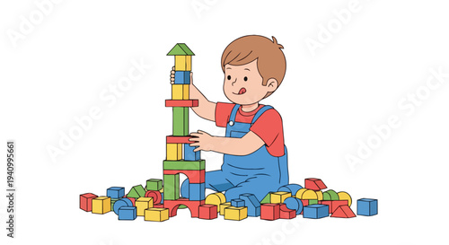 A young child enthusiastically engages in the joyful pastime of constructing an impressive tower using a vibrant assortment of colorful building