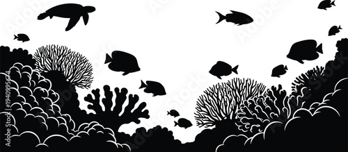 Underwater coral reef silhouette scene, sea turtle and tropical fish swimming above coral reef ecosystem, ocean marine life illustration