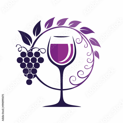 Wine Glass with Grapes and Leaves Illustration.