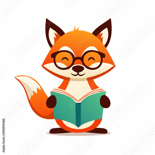 Cartoon Fox Character Reading Book with Glasses.