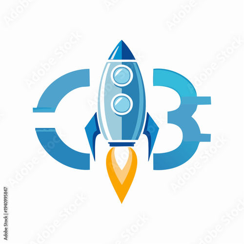 Blue Rocket Ship Illustration with Flame.