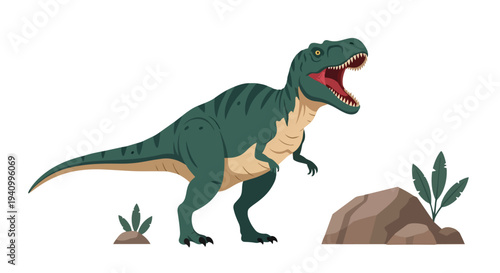 Majestic green tyrannosaurus rex dinosaur roaring with its mouth open and surrounded by prehistoric foliage and rocky outcrops
