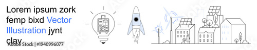 Renewable energy, technology, innovation, urban planning, sustainable living, eco-friendly solutions. Light bulb with device, rocket and solar-powered buildings. Renewable energy and innovation