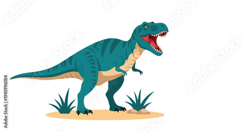 Majestic teal tyrannosaurus rex roaring with primal ferocity amidst prehistoric foliage illustration with clean white background