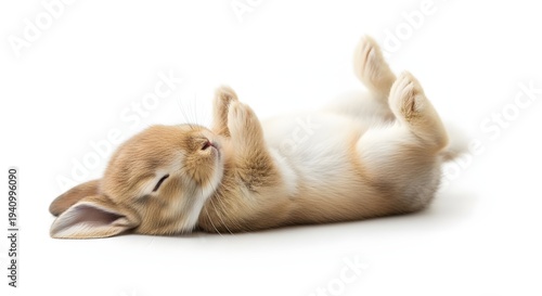 A cute rabbit lies on its back, relaxing in a playful pose.