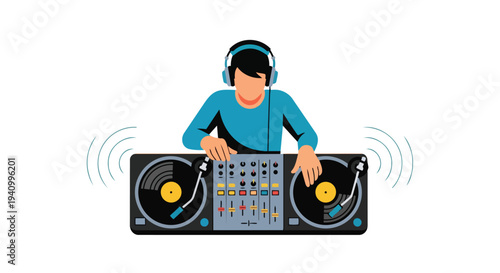 Energetic DJ mixing music with turntables and headphones on a white background creating a vibrant party atmosphere