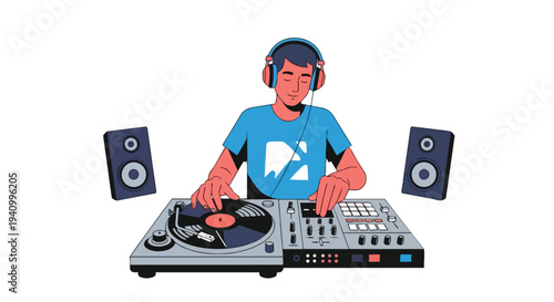 Animated DJ creating beats and spinning vinyl records with headphones and speakers on a white background