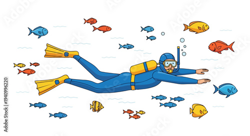 Illustrative depiction of an adventurous diver exploring a vibrant underwater world teeming with diverse schools of colorful marine fish