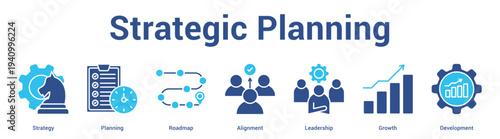 Strategic Planning web banner icon set vector illustration concept for business with icon of Strategy, Planning, Roadmap, Alignment, Leadersh.