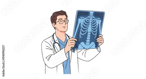 A Male Medical Professional in a Lab Coat Examines a Patient's Skeletal X-ray Image, Depicting a Diagnostic Procedure