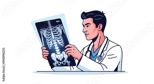 A healthcare professional carefully examines a medical x-ray image, showcasing expertise and diagnostic focus in a clinical setting