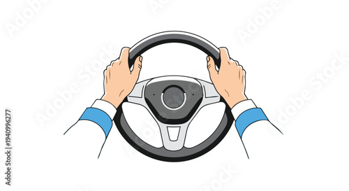 Driver's hands gripping a steering wheel, illustrating the act of controlling a vehicle on a journey