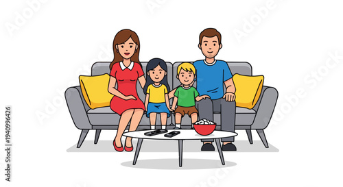A Cheerful Family of Four Enjoying a Cozy Evening Together on Their Sofa Watching Television with Popcorn