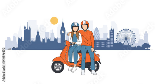 Happy couple enjoys a scenic scooter ride through the streets of London with iconic landmarks like Big Ben in the distant skyline.