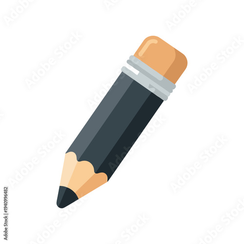 Pencil with eraser on top, black and yellow, sharp tip, isolated on white background, stationery
