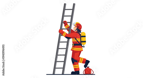 Animated firefighter in protective gear ascends a tall ladder, bravely preparing for rescue operations and public safety duties.