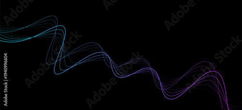 abstract motion sound wave equalizer colorful purple blue green isolated on black background. Vector illustration in concept of sound, voice, music