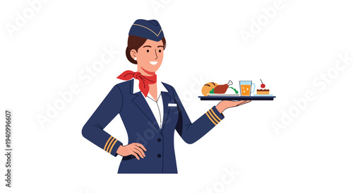 Friendly flight attendant presents a delightful meal tray featuring a roasted chicken, bread, drink, and dessert for passenger enjoyment during the